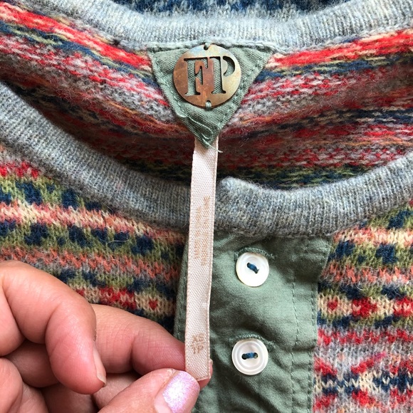 FREE PEOPLE vintage Fair Isle Henley Sweater Sage Green XS - Picture 6 of 9